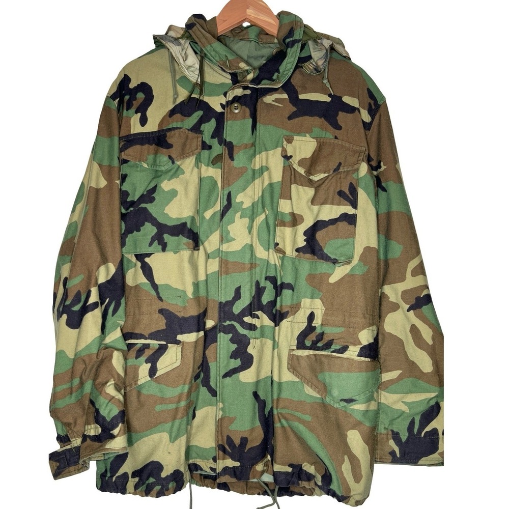 VTG Golden Mfg Military Field Coat Heavy Woodland Camo M Long Cold Weather 90s